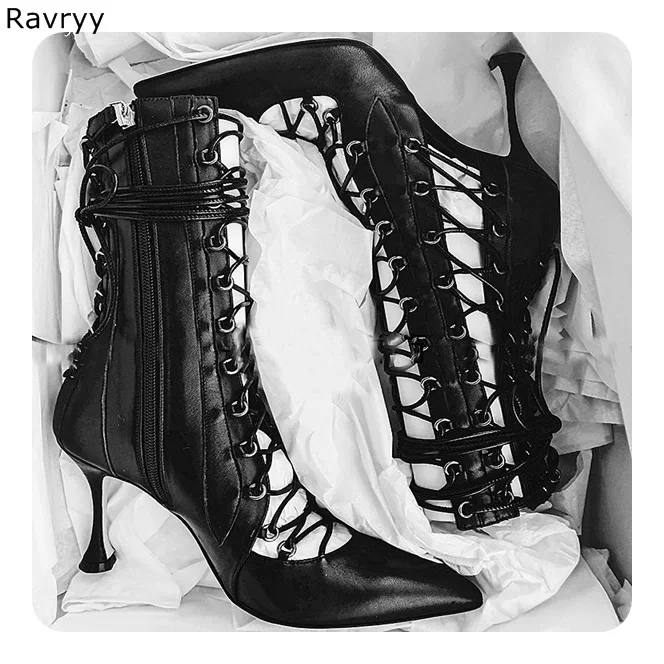 Jual Mode Musim Panas Renda Wanita Sandal Cut Out Pendek Hitam Sandal Sepatu Cross Terikat Seksi Pompa Tipis Tumit Wanita Pesta Sepatu