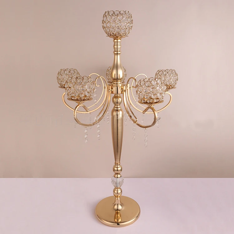 

84cm Tall Gold Metal wedding candelabra 5-arms crystal candle holder wedding decoration 10 pcs/lot