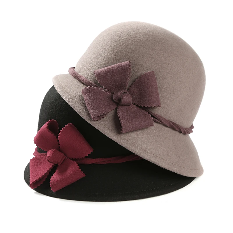 Модные Винтаж элегантная однотонная шерсть Цветочный Fedoras Шляпы для женщин