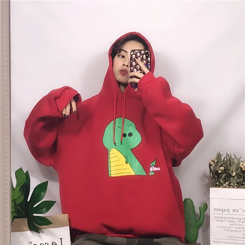 

Spring Harajuku Hoodies Sweatshirt Women Casual Loose Cartoon Dinosaur Print Hooded Fleece Tops Student Oversized Cute Clothing