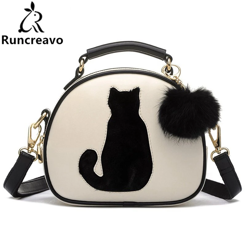 2020 сумка с принтом кота женские сумки через плечо кожаные меховым помпоном