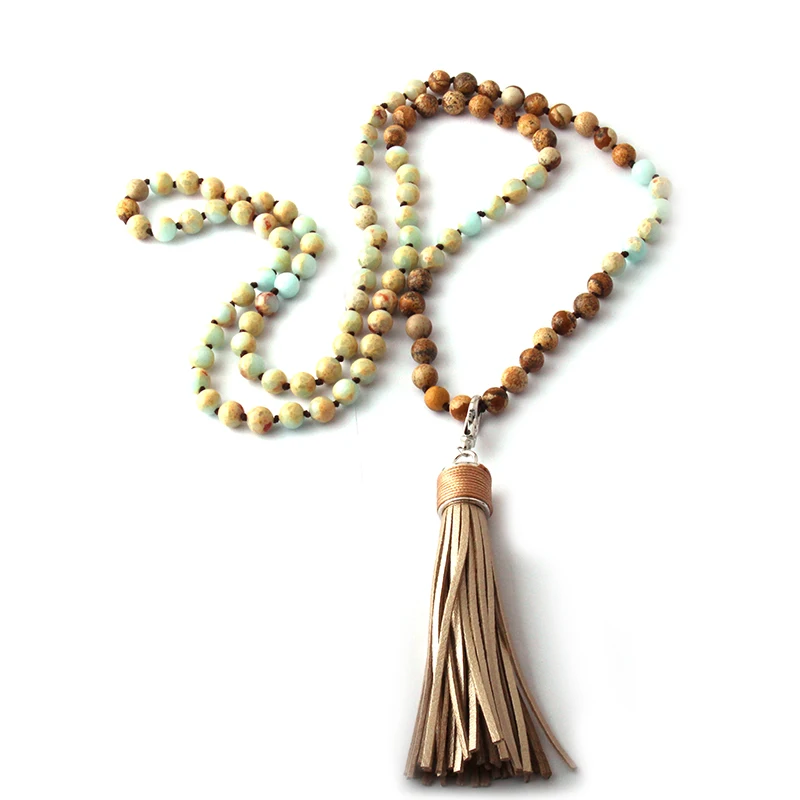 Модные богемные этнические ювелирные изделия 108 шт. Mala Beads Multi Stone кожаное ожерелье
