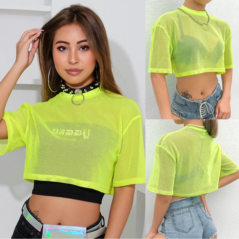 

2019 New Women Summer See-through Mesh Fabric Crop Top Clubwear Casual Loose Shirt Fashion T-shirt
