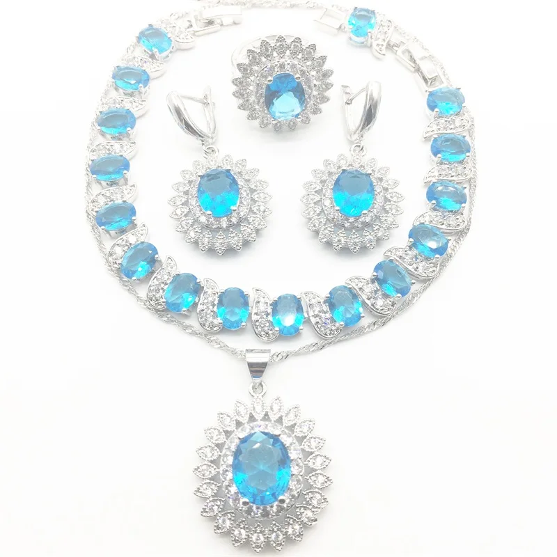 Женский ювелирный комплект с цветком из белого циркония небесно-голубого