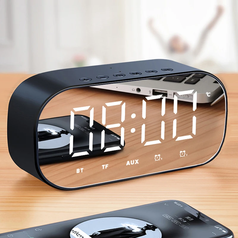 

Bluetooth-динамик с FM-радио Светодиодный зеркальный будильник, часы, сабвуфер, музыкальный проигрыватель, настольные часы, беспроводные