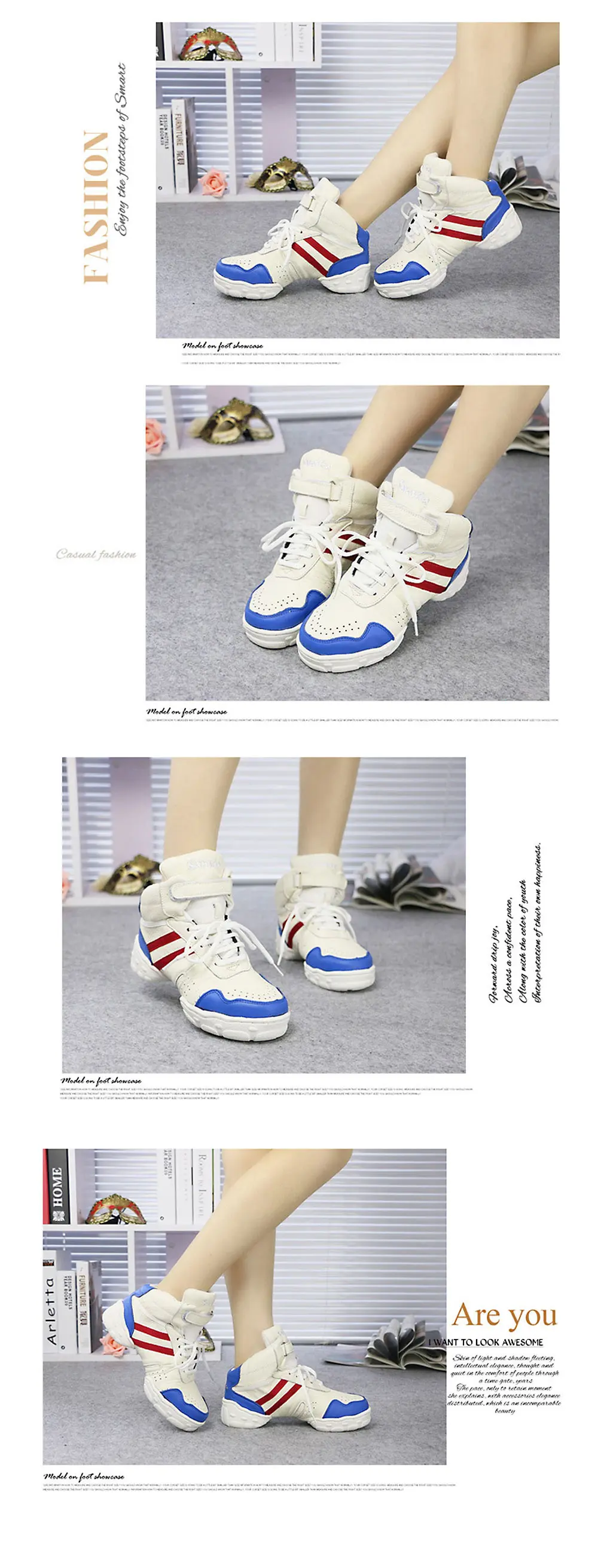 New Arrival White Women Dance Sneakers Girls Hip Hop Jazz Dance Shoes Genuine Leather Sport Feature Outdoor Modern Dancing Shoes