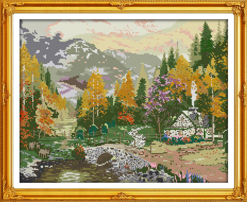 

Autumnal scenery 5 cross stitch kit aida 14ct 11ct count printed canvas stitches embroidery DIY handmade needlework