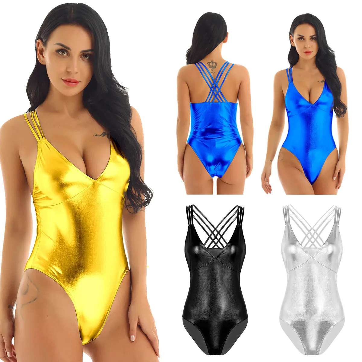 TiaoBug женские блестящие металлические горячие сексуальные купальники с V образным