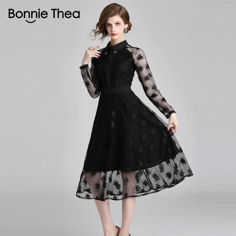 Женское черное кружевное длинное платье Bonnie Thea женское осеннее с длинным рукавом