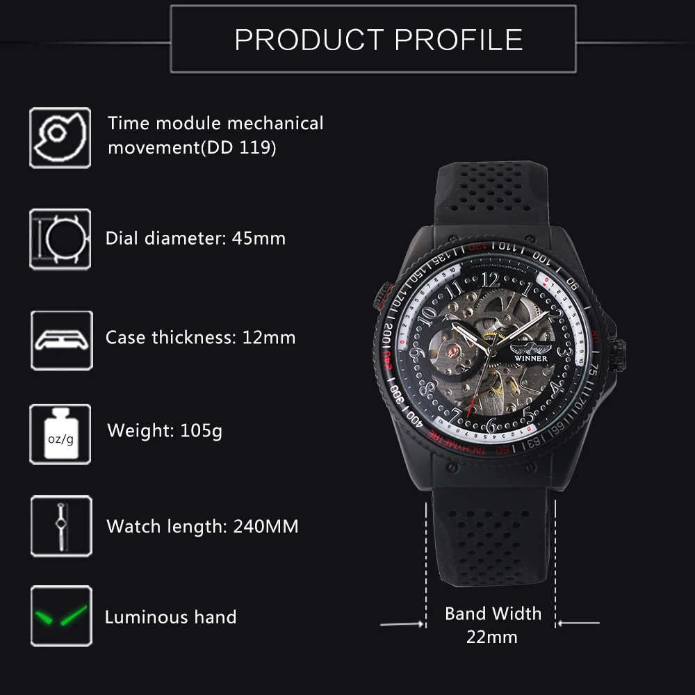 WINNER модные спортивные автоматические механические мужские часы с черным