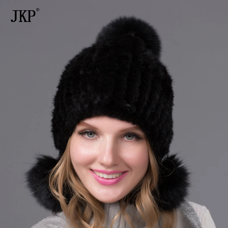 Зимняя Осенняя Защитная шапка с помпоном из лисьего меха, вязаные шапочки из натурального меха хорошего качества, шапка-бомбер BZ08