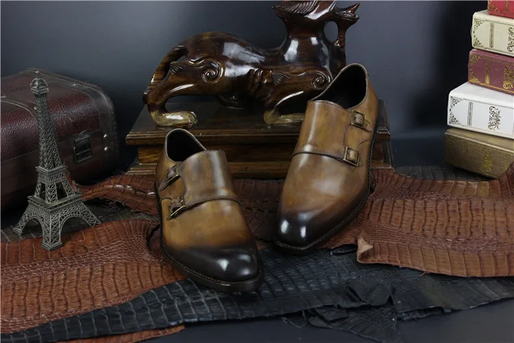 Ручная Роспись Цвет Пряжки Монах Ремень Обуви Goodyear Welt Обувь Ручной работы для