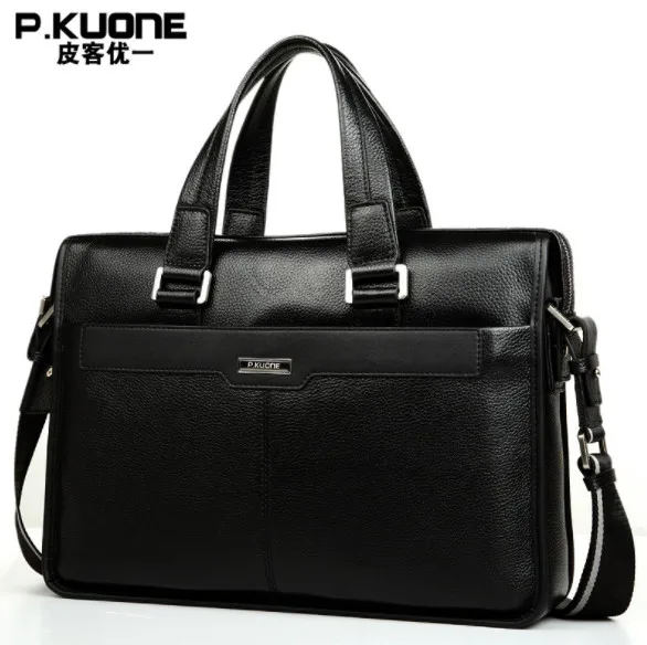 P.KUONE Genuine Leather men's Briefcase Business Shoulder Bag Casual Travel Handbag Messenger Bag for 15 inch notbook
