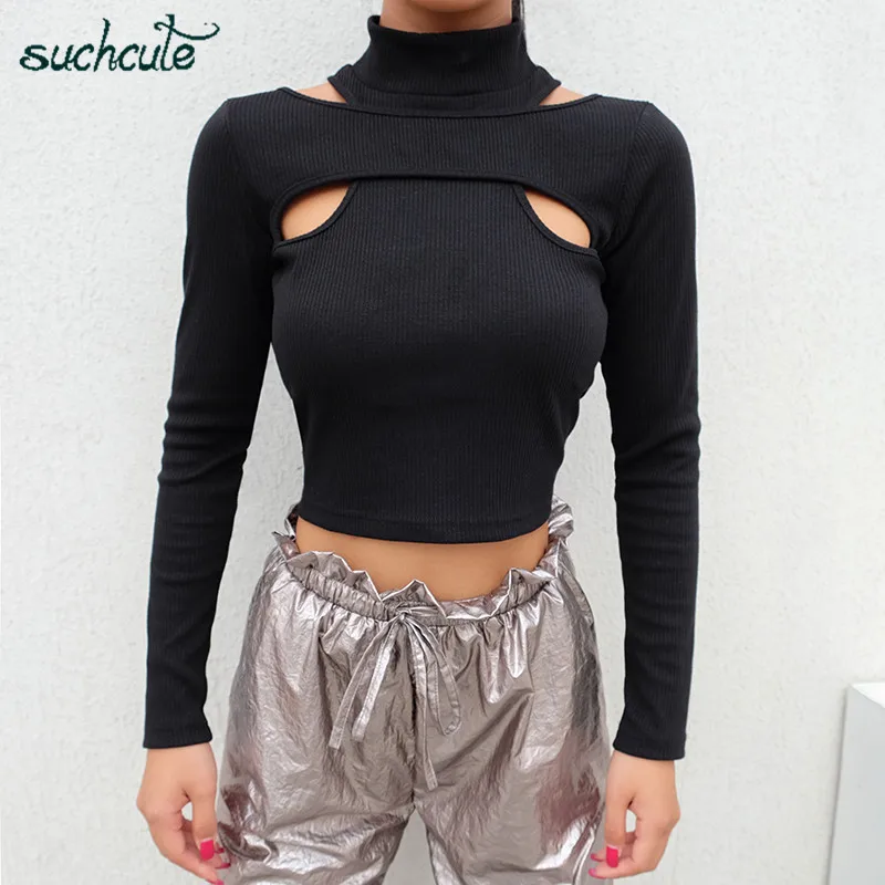 SUCHCUTE женская футболка Вязание для женщин черный Открытый корейский стиль Modis длинный рукав Готический Базовый Топ Лето Фрида фестиваль