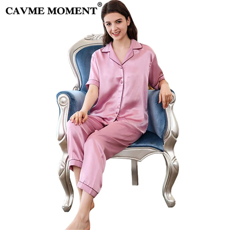 

CAVME Silk Pajama Sets for Women 2 Pieces Pure Silk Sleepwear Pyama Set Short Sleeve Full Pants Plus Size Printed Home Clothes