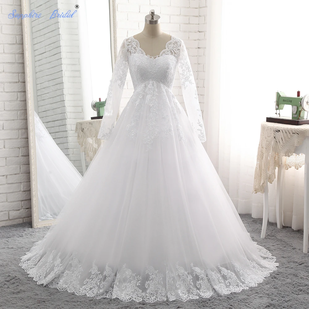 

Сапфировое свадебное платье с двойным V-образным вырезом, очаровательное винтажное бальное платье с длинным рукавом, свадебное платье