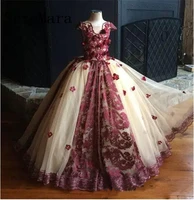 new burgundy applique lace ball gown girls pageant dress birthday party gown puffy tulle flower girl dress custom made size
