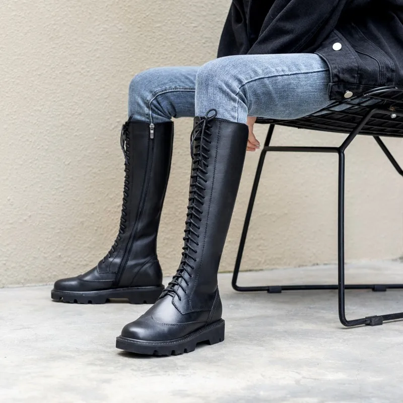 leather in Prova Perfetto; Новинка года; сезон осень-зима; Прямые ботинки-трубы на плоской платформе; ботинки на шнуровке на толстой подошве; женские Ботинки martin; сапоги до колена - Цвет: leather in