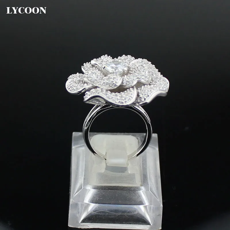 LYCOON, модные женские роскошные брендовые кольца с большим цветком розы, циркониевые кольца, высокое качество, посеребренные кольца с фианитами, вечерние кольца