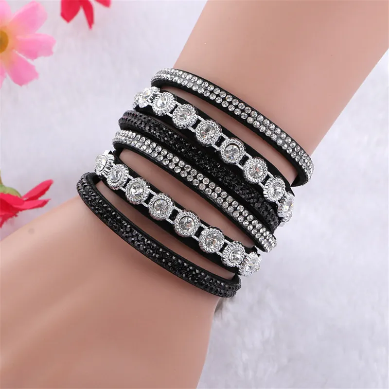 DIEZI Pulseira Feminina браслеты для женщин Многослойные Кожаный браслет со стразами с