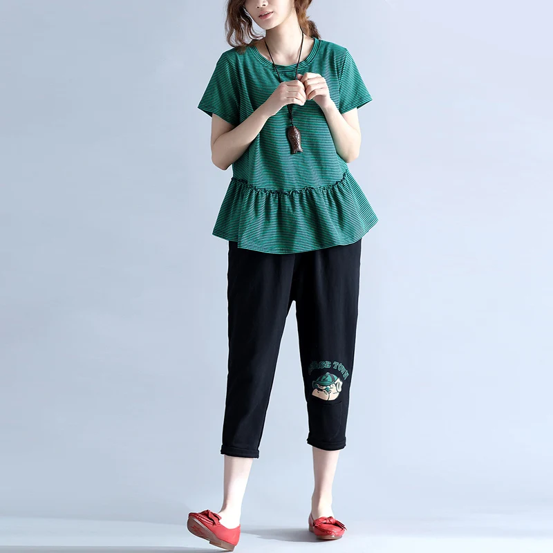 Doornot Women Plus size Tops Summer Casual A-line Loose Short sleeve Striped Ruffles Cotton Green Large T-shirts Tees | Женская одежда