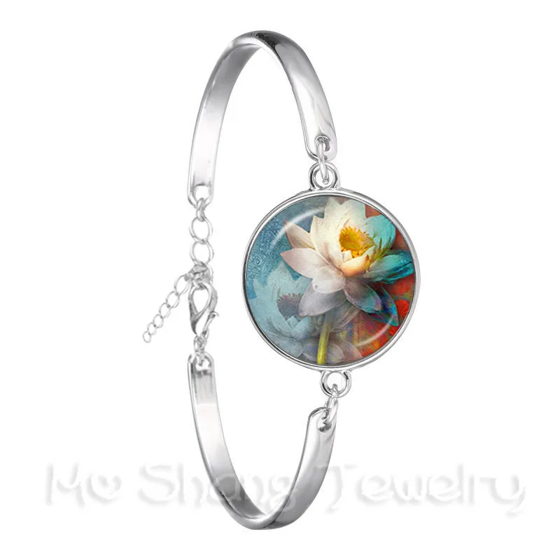Цветок лотоса браслет Мандала фото искусство Стекло кабошон серебро покрытый
