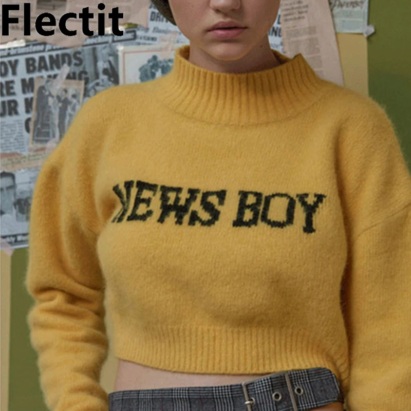 Flectit Blue Yellow Womens Fuzzy Knit Crooped Jumper Sweater with NEWSBOY Graphic Crew Neck Long Sleeve Pullovers Sweaters | Женская