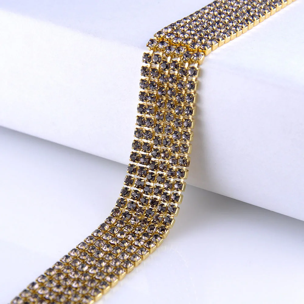 

10yards 1row gold base rhinestones cup chain crystals strass non hotfix glue rhinestones cup chain sew on rhinestone for clothes