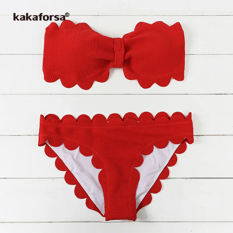Red Kakaforsa, сексуальный бандажный комплект бикини, Одноцветный Купальник для девочек, без бретелек, Холтер, купальник для женщин, красный купальник, стринги, бикини - Цвет: Red