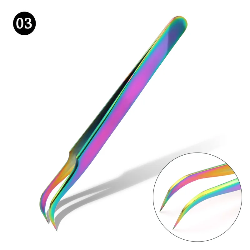 03 Rainbow 1 шт. Пинцет для ресниц из нержавеющей стали сверхжесткие пинцеты высокоточные антистатические пинцеты для наращивания ресниц - Color: 03 Rainbow