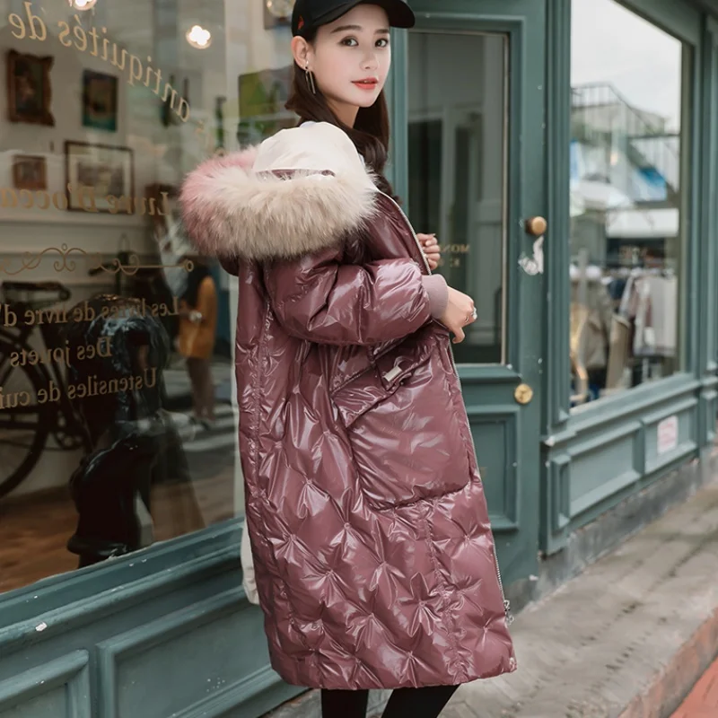 

winter Fashion brand glossy fabric natural fur hooded 90% duck down parkas winter was thin longer thicker warm down coat wq635