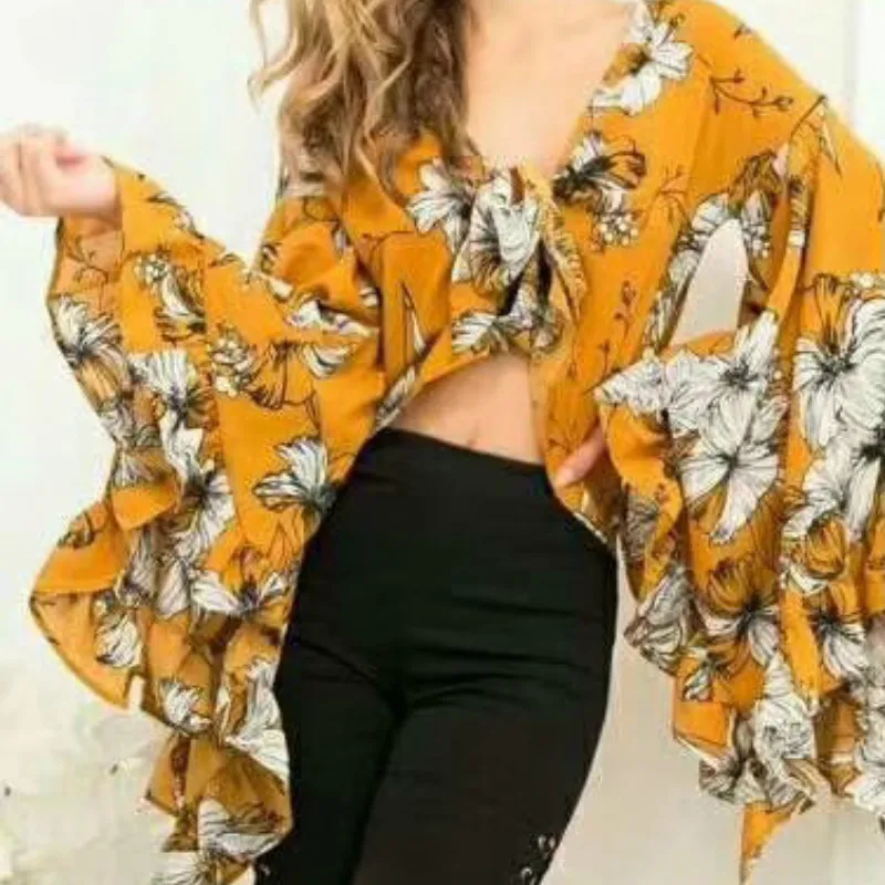 Блузка шифоновая с глубоким V образным вырезом и цветочным принтом|summer tops|blusa