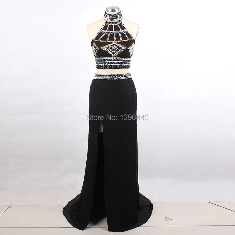 Халат Де Вечер Высокая Шея Длинные Вечерние Платья Черный Шифон Банкета Кристалл