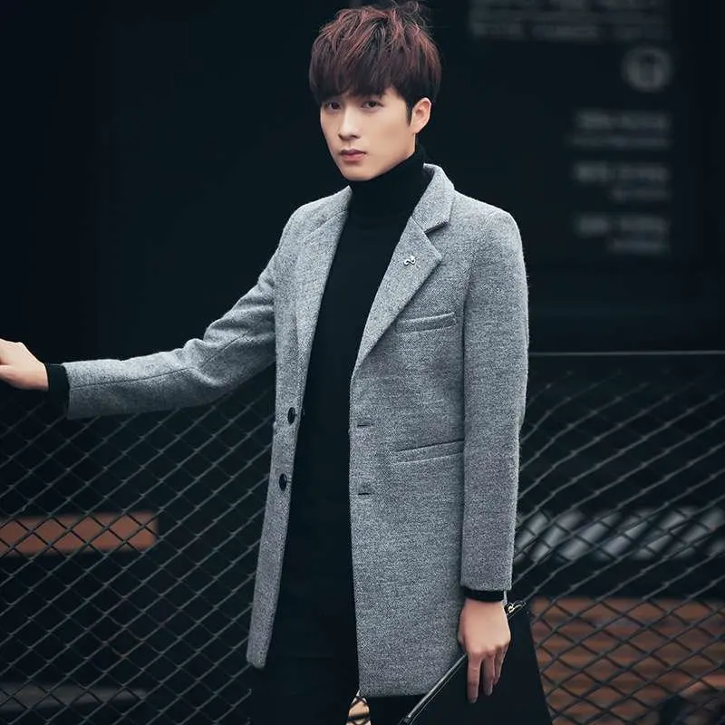 

Men's woolen coat male slimming medium long woolen coat men's casual windbreaker