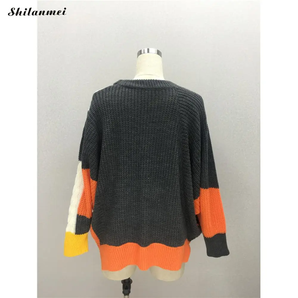 Autumn Winter Women Sweaters And Pullovers Street Style Lantern Sleeve Patchwork Jumper Fashion Loose Chunky Knit Sweaters