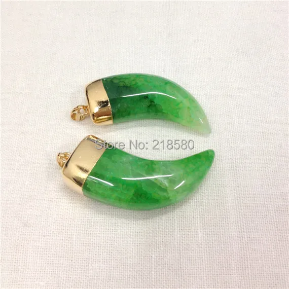 H-SP36 Large Green Dragon Agates Horn Tusk Pendant Charm with Gold or Silver Cap | Украшения и аксессуары