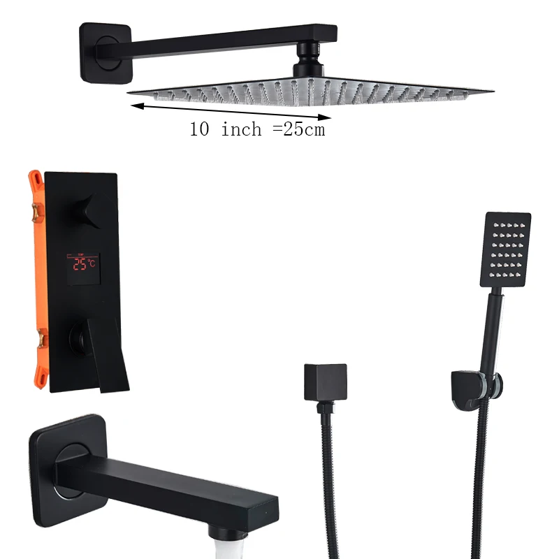 10 inch Matte Black Bathroom Shower 3-Functions Black Digital Shower Faucets Set Rainfall Shower Head 3-way Digital Display Mixer Tap - Цвет: 10 inch