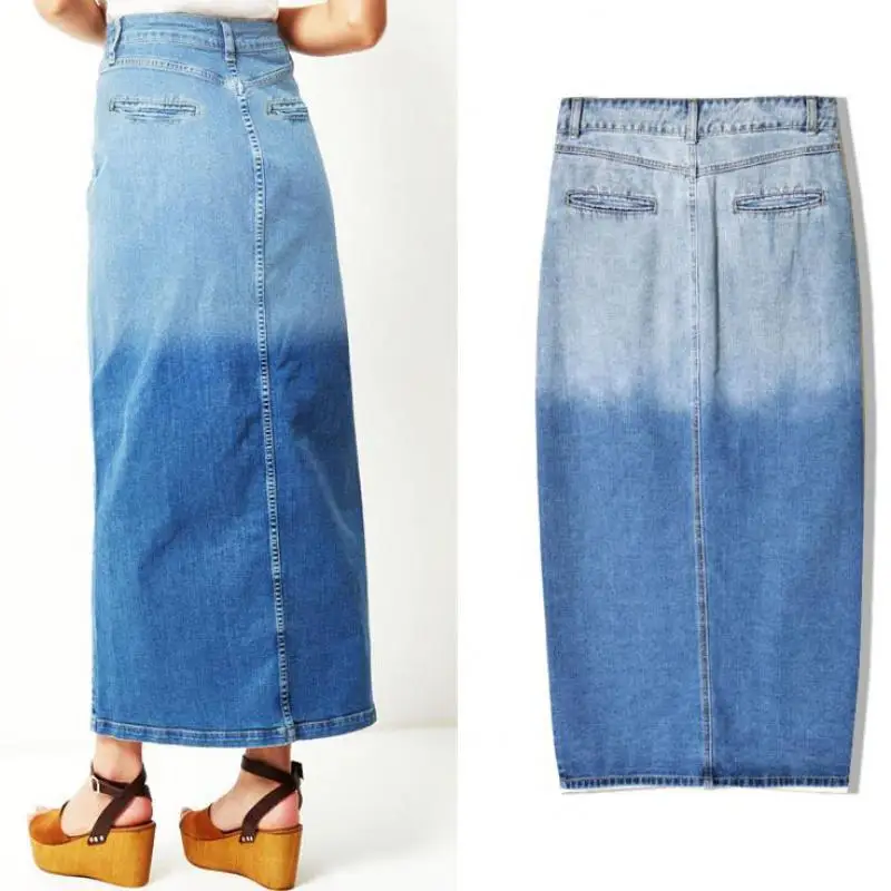 Для женщин прямые Джинсовые юбки Высокая Талия Длинные кнопка тонкий юбка с