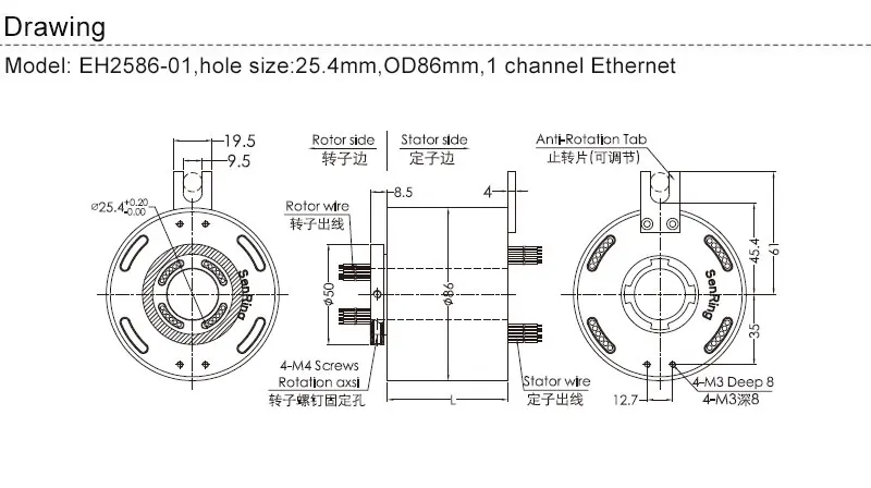 1 канал Gigabit Ethernet поворотные соединения с отверстием 25,4 мм OD86mm передачи 1000 м Ethernet сигналы