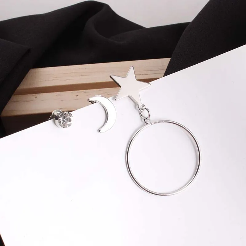 Asymmetric Star Moon Round Earring stud for women geometric sliver earring jewelry party birthday gift 2017 hot new | Украшения и