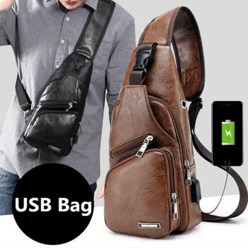 

Men's Shoulder Bag Sling Chest Pack PU Leather USB Charging Sports Travel Hiking Crossbody Casual Handbag