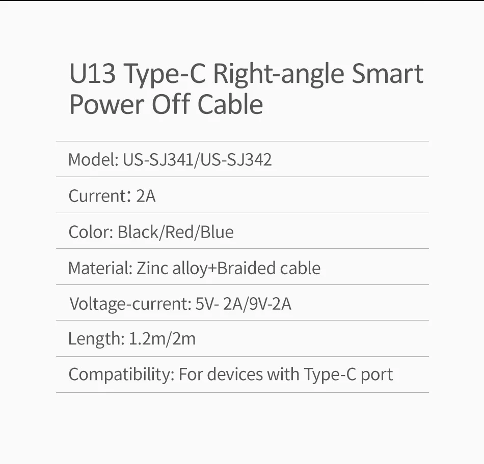 Кабель USAMS type C с прямым углом автоматического отключения питания USB C кабель для быстрой зарядки и передачи данных type-C шнур для samsung Xiaomi