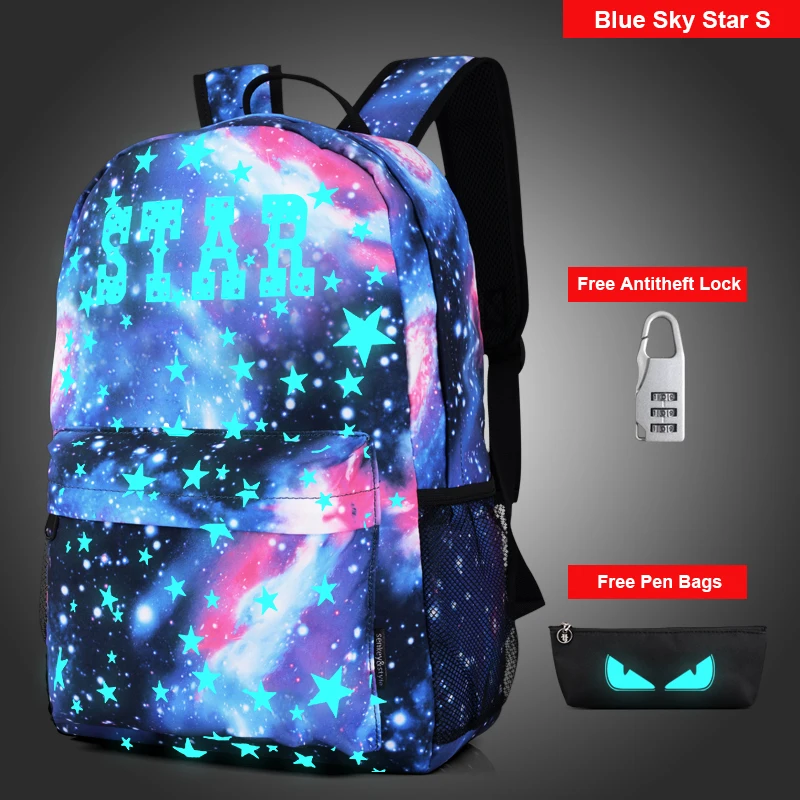 

[Do Drop Shipping] Cool Fashional Cartoon Anime Starry Sky Luminous Printing Teenagers School Backpacks with free Pen Bag + Lock