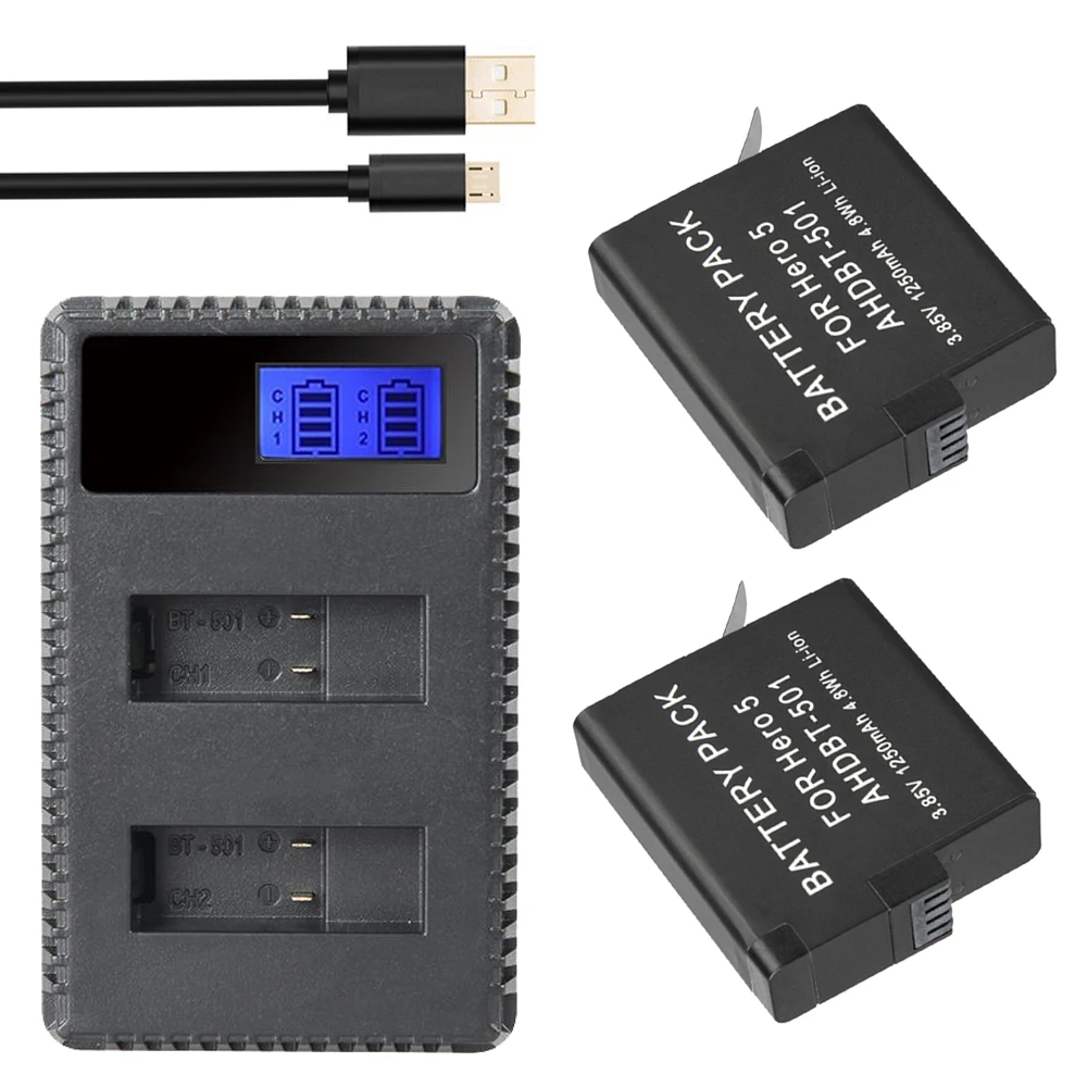 DVISI 2x1250mAh Hero 5 батарея AHDBT 501 AHDBT501 Bateria Akku + USB LCD двойное зарядное устройство для Go Pro