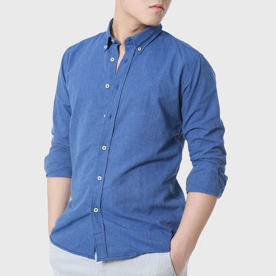 Мужская джинсовая рубашка с длинным рукавом зеленая Однотонная из хлопка и льна
