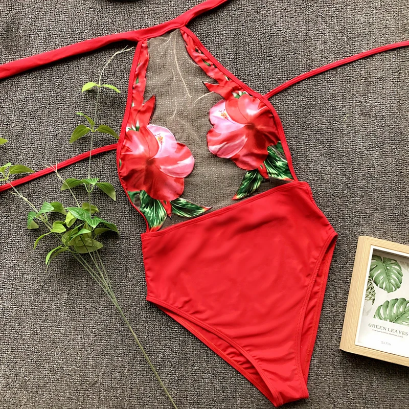 2019 Women Sexy Bikini Red Flower One Piece Push Up Padded Monokini Backless Swimwear Swimsuit Beachwear ladies bathing suit | Спорт и