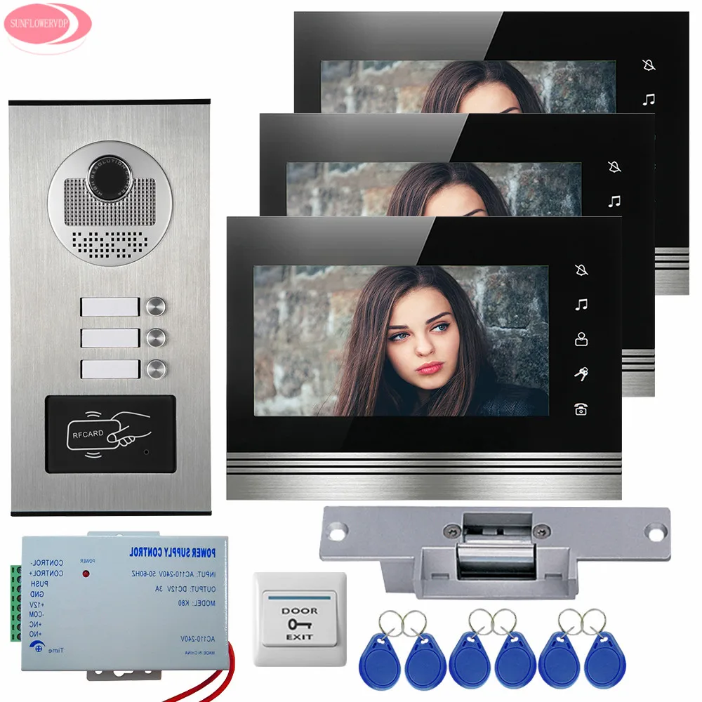 7 ''внутренняя Проводная связь для личного дома видеодомофон 3 MonitorsTouch Кнопка RFID Доступа наружная камера+ Электрический ударный замок комплект