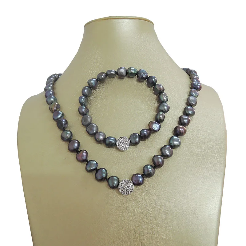 100% натуральный пресноводный жемчуг набор ювелирных изделий ожерелье и браслет в