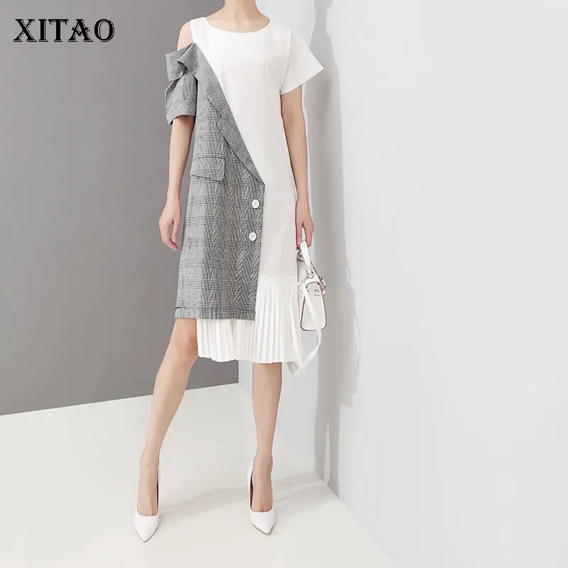XITAO темперамент с открытыми плечами нерегулярное платье для женщин лоскутное