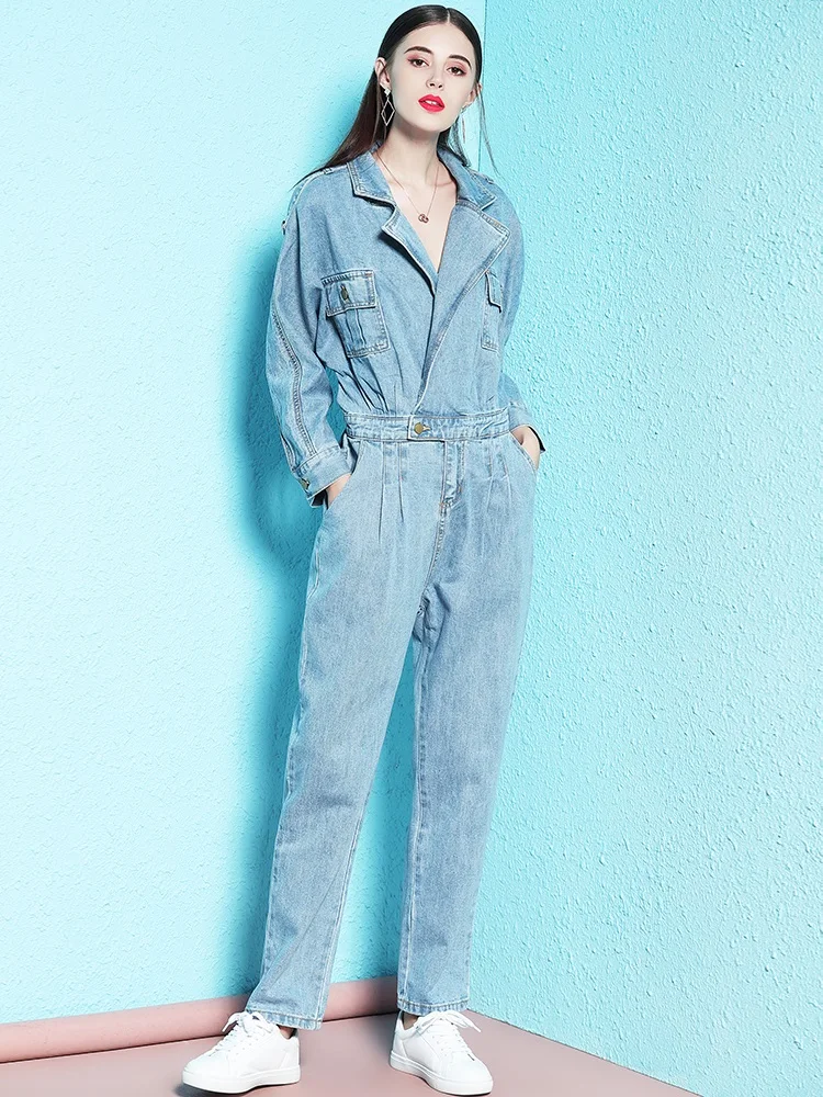 TIYIHAILEY Free Shipping Safari Style Long Sleeve Women Denim Jumpsuit Rompers S-2XL Spring Autumn Trousers Turn Down Collar